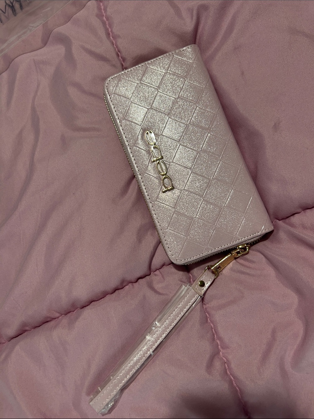 bebe Shimmery Quilted Wristlet Wallet in Light Pink